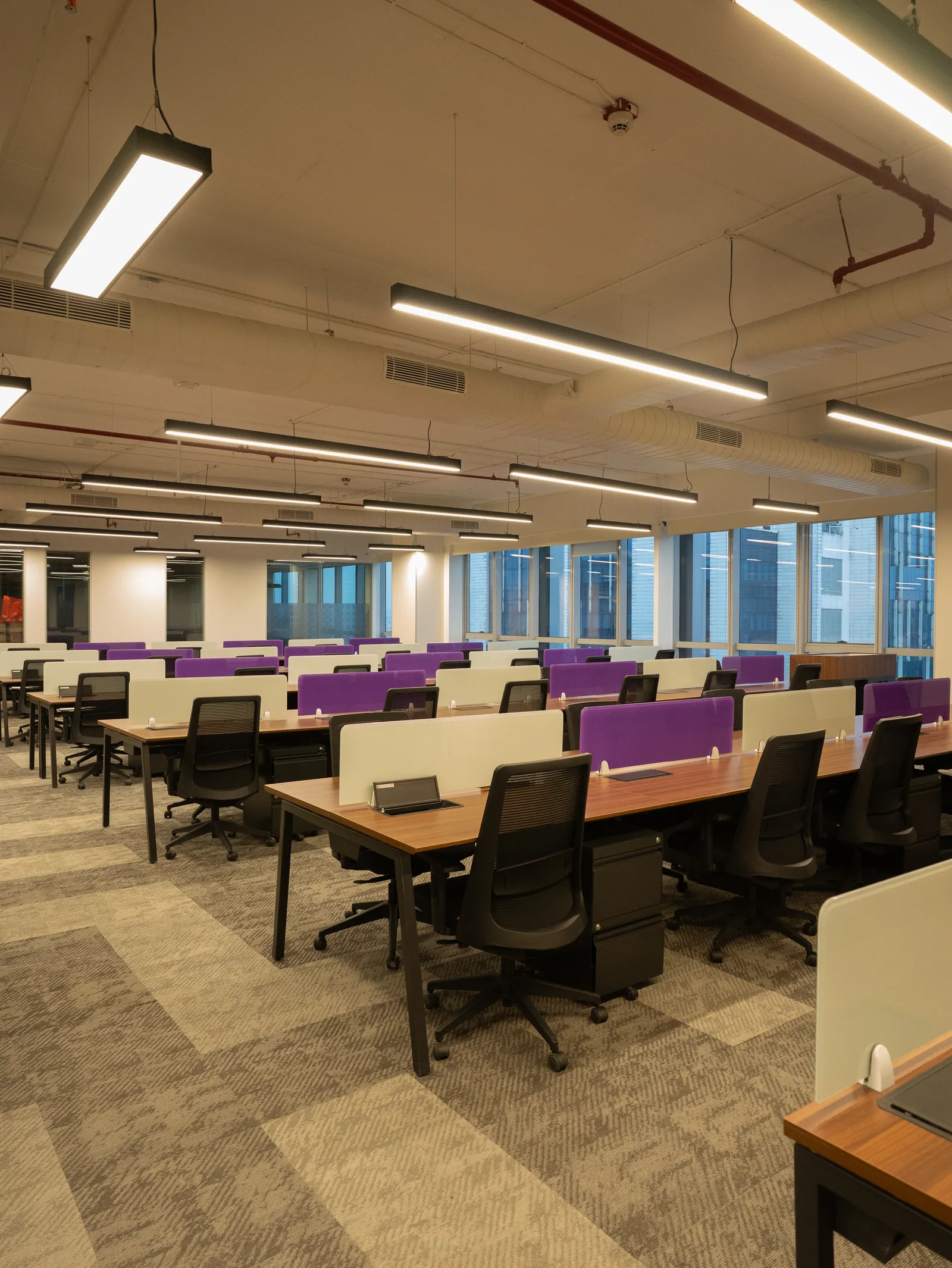 Open-plan office with purple workstation screens — Moschip